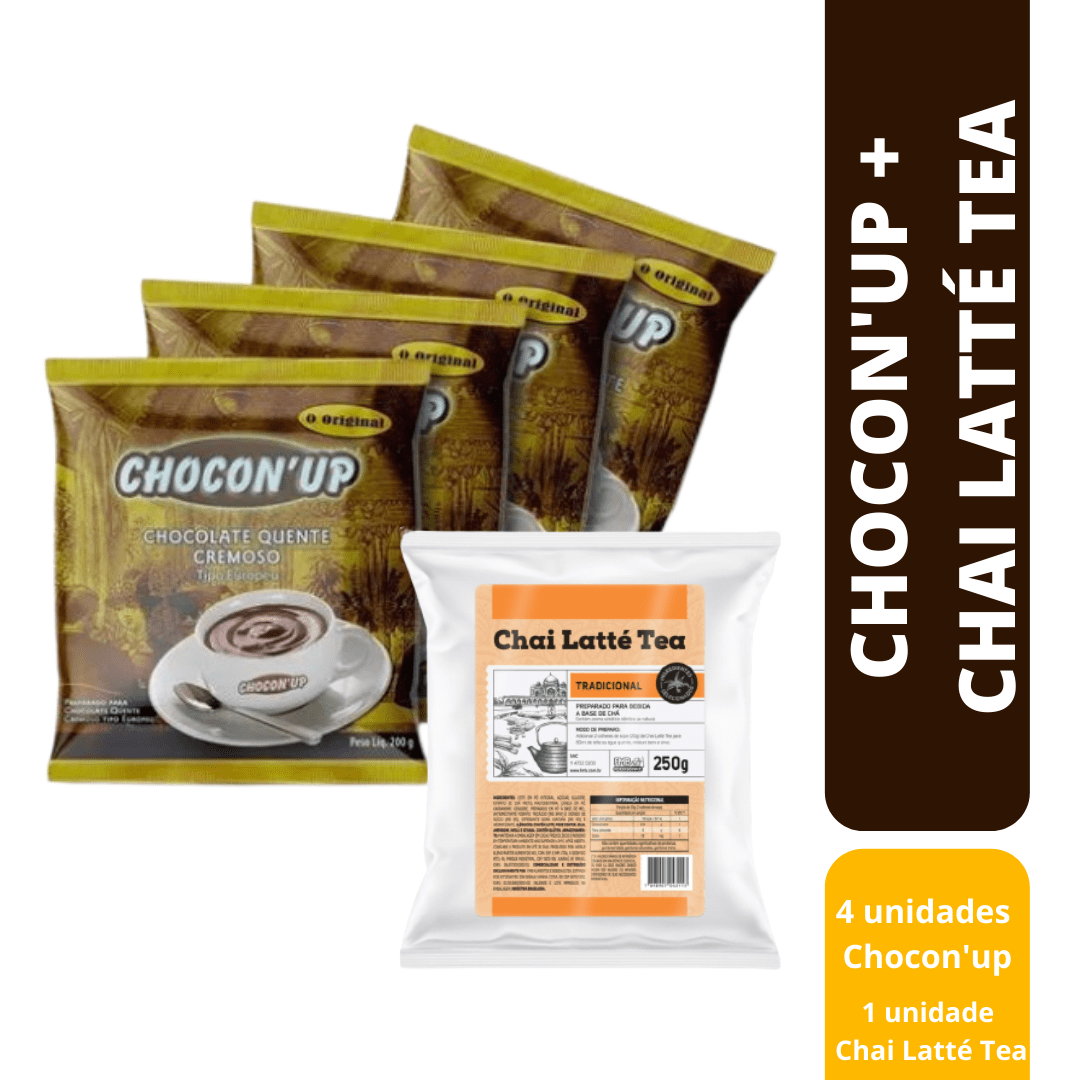 4 pacotes (200g cada) de Chocon'up (Chocolate Quente Cremoso) + 1 pacote (250g) de Chai Latté Tea (Chá Indiano)